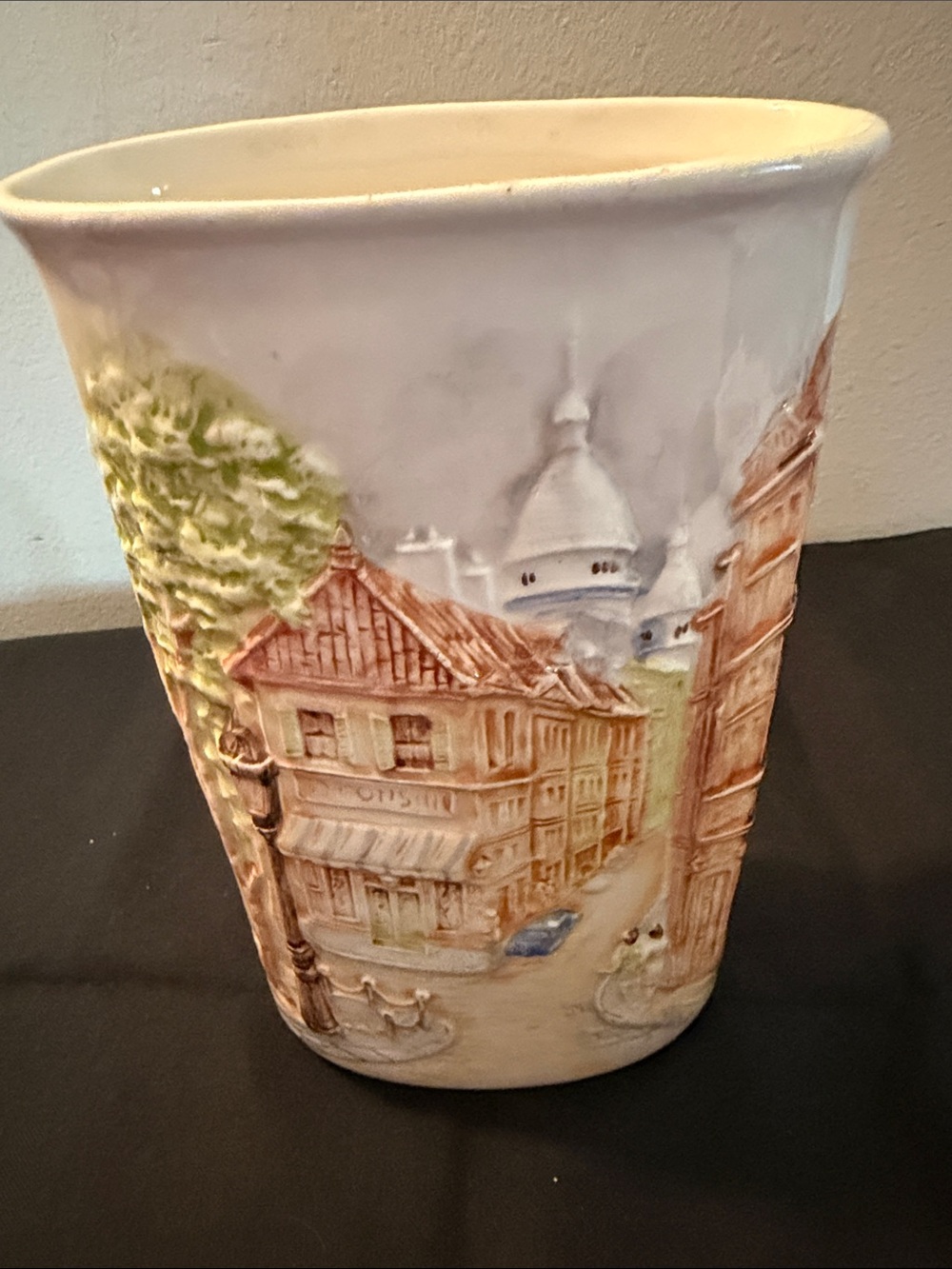 Hand-Painted Cream and Brown Scenic Ceramic Vase